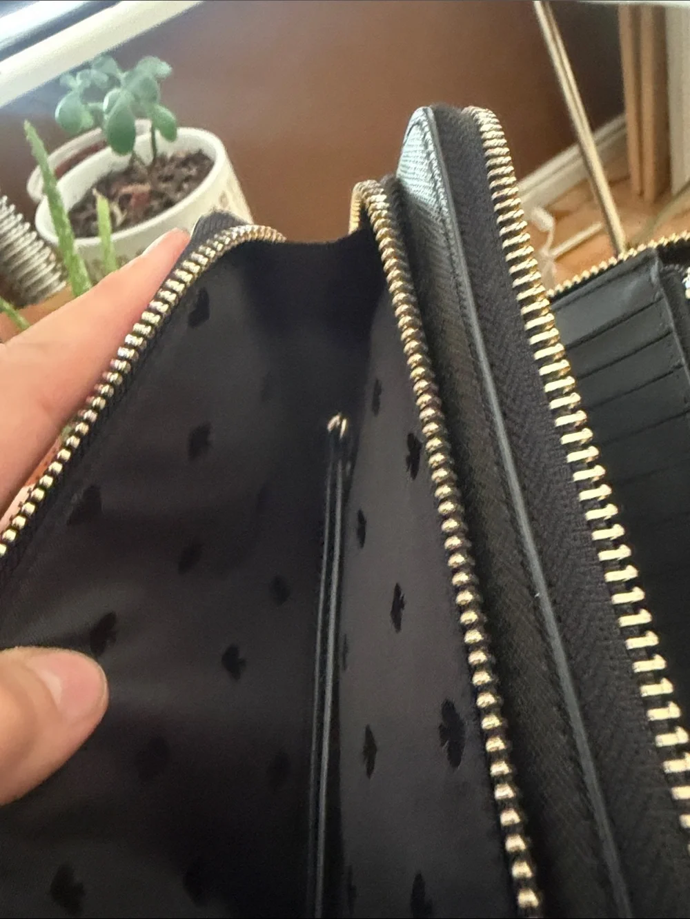 kate spade Black Saffiano Zip Wallet with Gold Logo Plaque